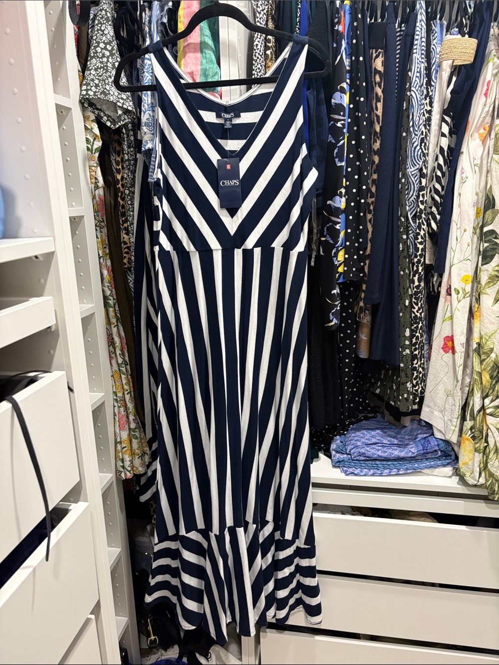 Chaps Navy and White V-Neck Striped Sleeveless Midi Dress cotton
